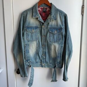 Civil Regime Distressed Denim Belted Trucker Jacket Blue Small